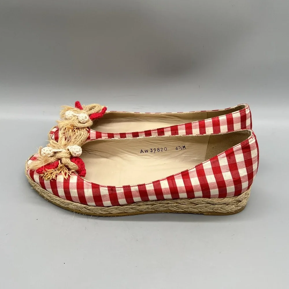 Stuart Weitzman Shoes Womens 6.5 Red Gingham Cotton Espadrille Flats Bow Vtg